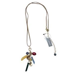 Chicos Long Tan Cord Colorful Cluster Pendant Necklace Gold Tone Boho Statement